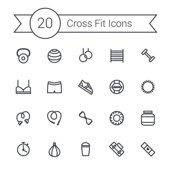 Set of crossfit gym equipment line icons of dumbbells, fitball, protein, stopwatch, punching bag, workout clothes and other. Crossfit training tools. — Stock Vector