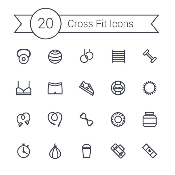 Set of crossfit gym equipment line icons of dumbbells, fitball, protein, stopwatch, punching bag, workout clothes and other. Crossfit training tools.