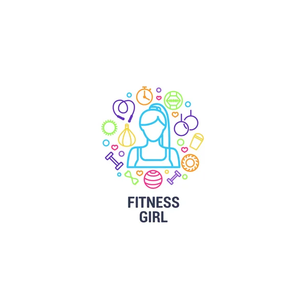 Fitness logosu - fitness kız ve daire arka plan üzerinde spor araçları. Halter, fitball, protein, kronometre, kum torbası, egzersiz giysileri ve diğer renk hattı simgeleri.