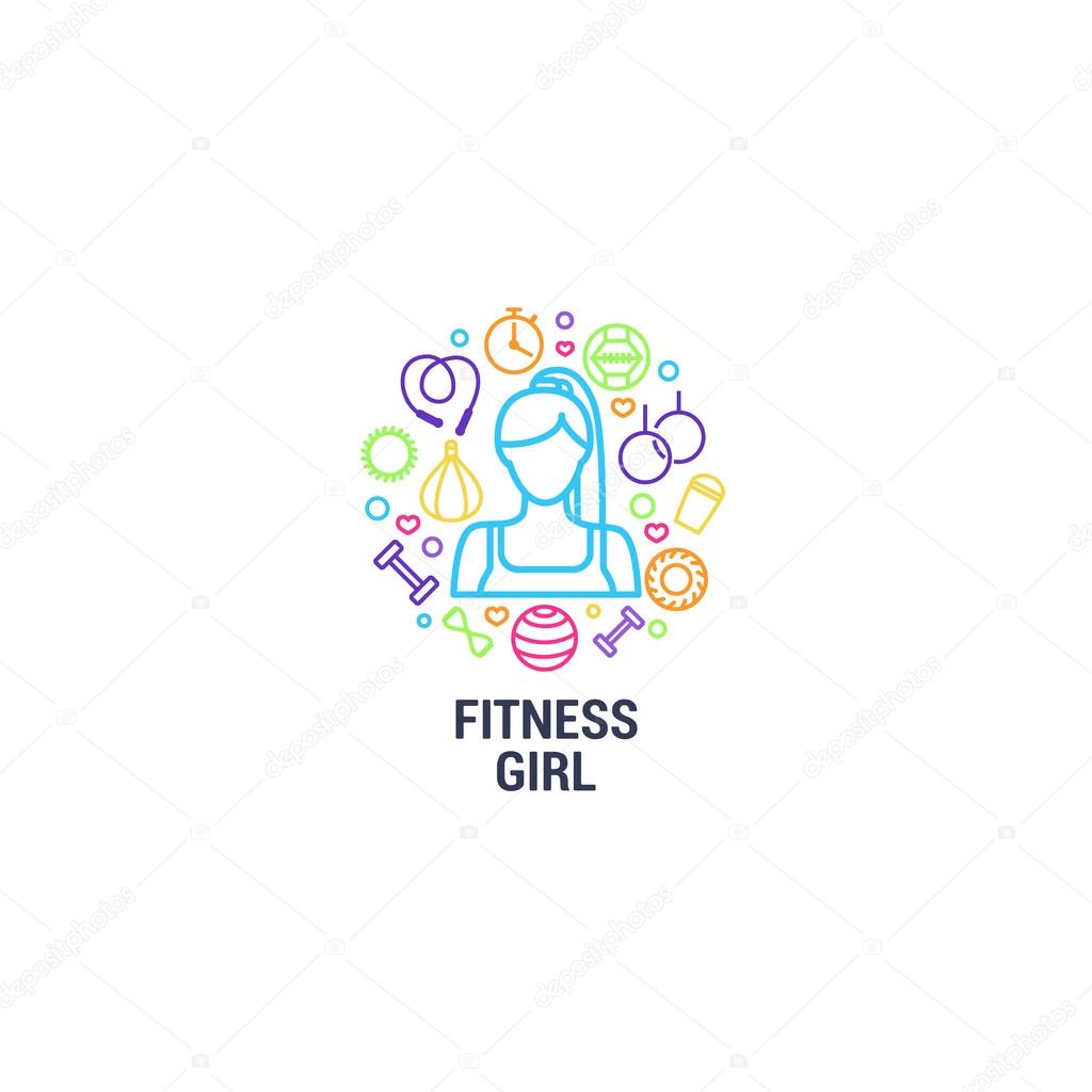 Fitness logo - fitness girl and gym tools on circle background. Color line icons of dumbbells, fitball, protein, stopwatch, punching bag, workout clothes and other.