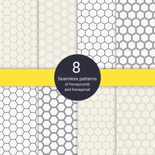 Set de 8 patrones hexagonales estilo línea nido de abeja sin costura . — Vector de stock