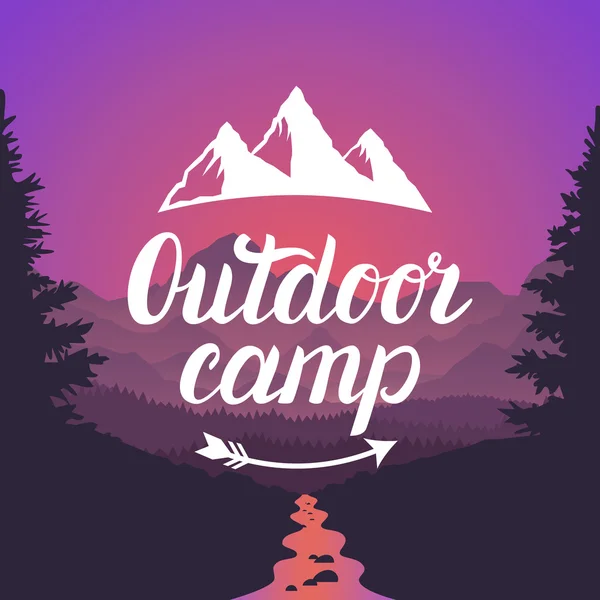 Outdoor Camp-Logo. Outdoor-Camp-Emblem. Design Schriftzug Typografie auf Berglandschaftshintergrund. — Stockvektor