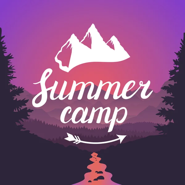 Logo del campamento de verano. El emblema del campamento de verano. Tipografía de letras de diseño sobre fondo de paisaje de montaña . — Vector de stock