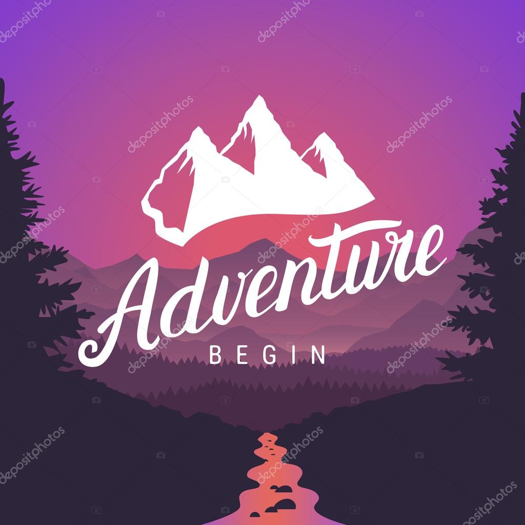 Adventure logo lettering calligraphy. Outdoor activity symbol on mountain landscape background. Adventure begin logotype. Vector illustration.