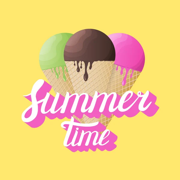 Summer Time calligraphy with realistic ice cream on yellow background. — Stock Vector