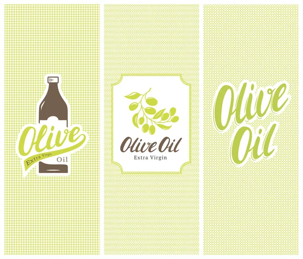 Botella, etiqueta y pegatinas de marca registrada de aceite de oliva con patrones sin costuras . — Archivo Imágenes Vectoriales