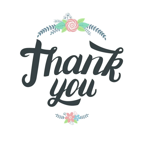 Thank you greeting card. Hand written lettering with cute floral elements. — Stock Vector