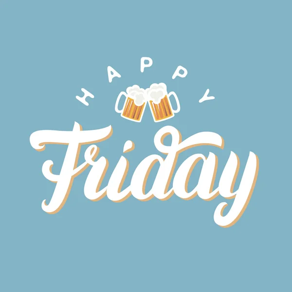 Happy friday hand lettering for greeting card with two beer on blue background. — Stock Vector