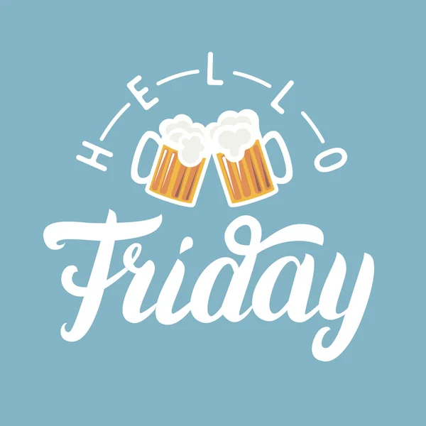 Hello Friday hand lettering with pint of beer on blue background. — Stock Vector