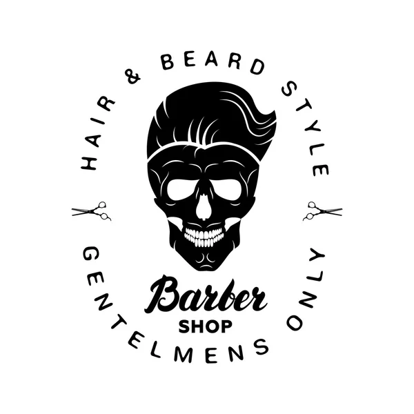 Logo de barbería negra, etiqueta, insignia con letras y calavera . — Vector de stock
