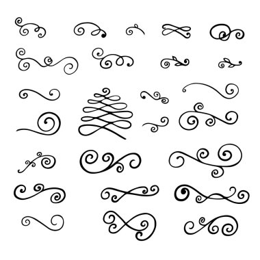 Elle çizilmiş dekoratif bukleler ve swirls koleksiyonu.