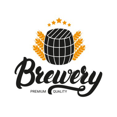 Bira yazı logo, etiket, varil ve kulakları buğday iz ile rozet.