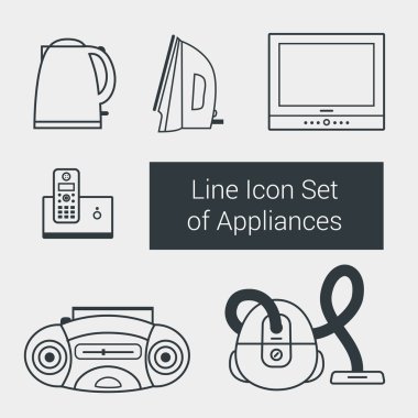 Satır Icon set ev aletleri: su ısıtıcı, demir, Tv, elektrikli süpürge, telefon, kayıt cihazı
