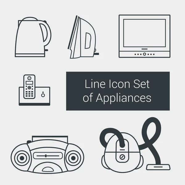 Satır Icon set ev aletleri: su ısıtıcı, demir, Tv, elektrikli süpürge, telefon, kayıt cihazı — Stok Vektör