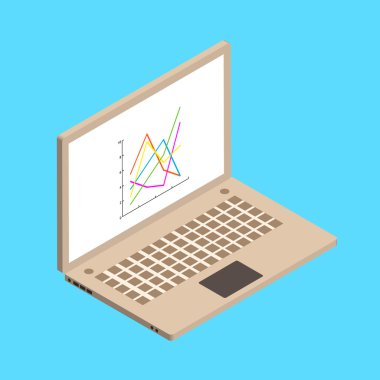 İzometrik çizimde witn laptop ve çizgi grafik üzerinde mavi arka plan