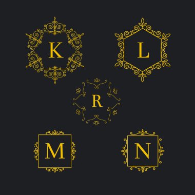 Ayarla art deco lüks klasik doğrusal tek renkli altın en az hipster geometrik vintage vektör monogram, çerçeve, sınır