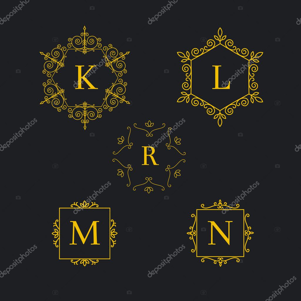 Set art deco luxury classic linear monochrome golden minimal hipster geometric vintage vector monogram, frame, border, label  for your logo badge or crest