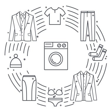 Dry-cleaning and laundry vector objects. Unique vector concept with different clothes elements: washer, jacket, skirt, hat, socks, t-shirt.