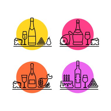 Wine icons set. Festive dinner line icons: champagne, cheese, meat, fish, fruit, cake, red wine, italian wine, french wine, grape.