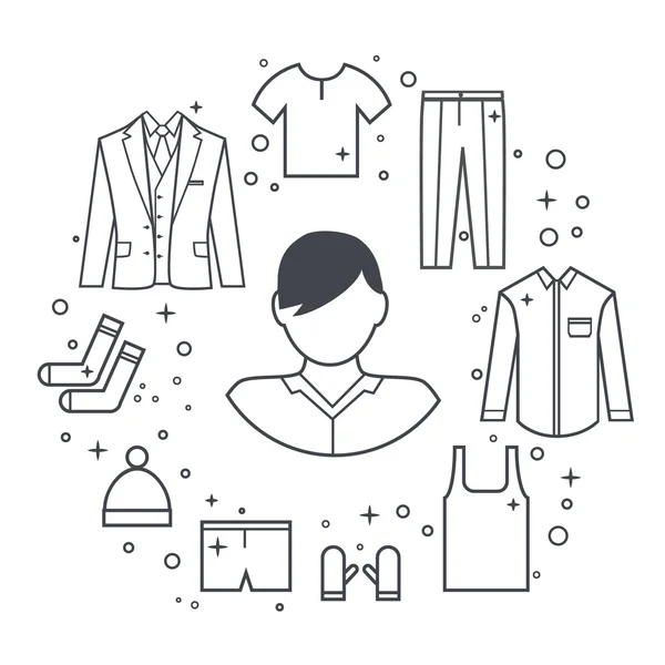 Homem linha vetor roupas conjunto de jaqueta, t-shirt, calças, chapéu, meias, roupa interior . —  Vetores de Stock