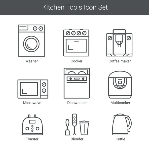 Set of household appliances vector icons: cooker, washer, blender, toaster, microwave, kettle — Stock vektor