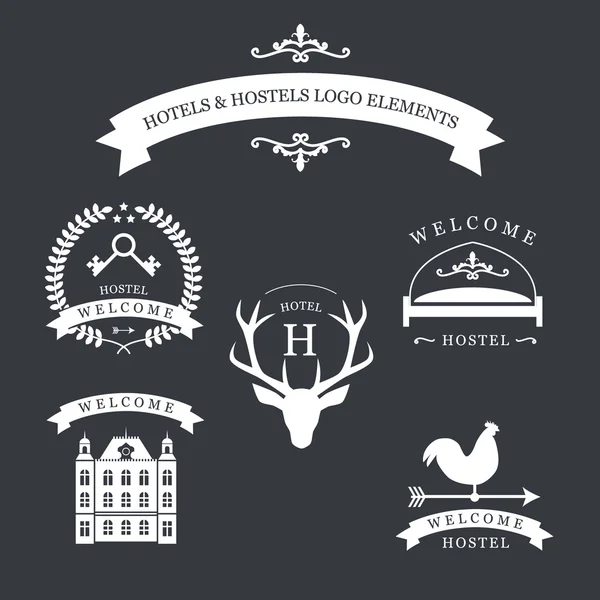 Vintage emblem with deer, kyes, weather vane, bed and old building for your hotel and hostel logo. — Stock Vector