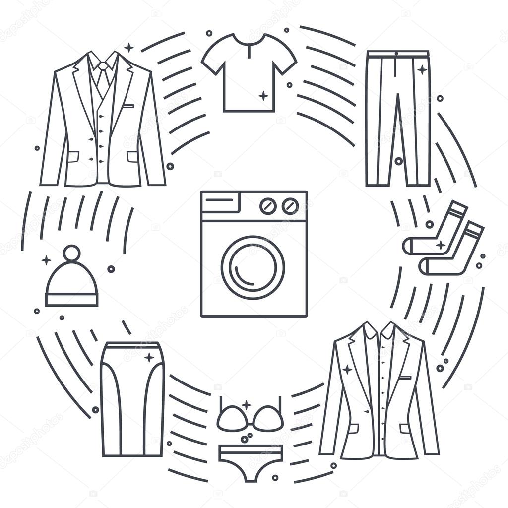 Dry-cleaning and laundry vector objects. Unique vector concept with different clothes elements: washer, jacket, skirt, hat, socks, t-shirt.