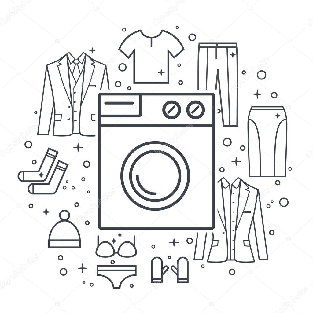 Washing machine and clothes. Line vector illustration.