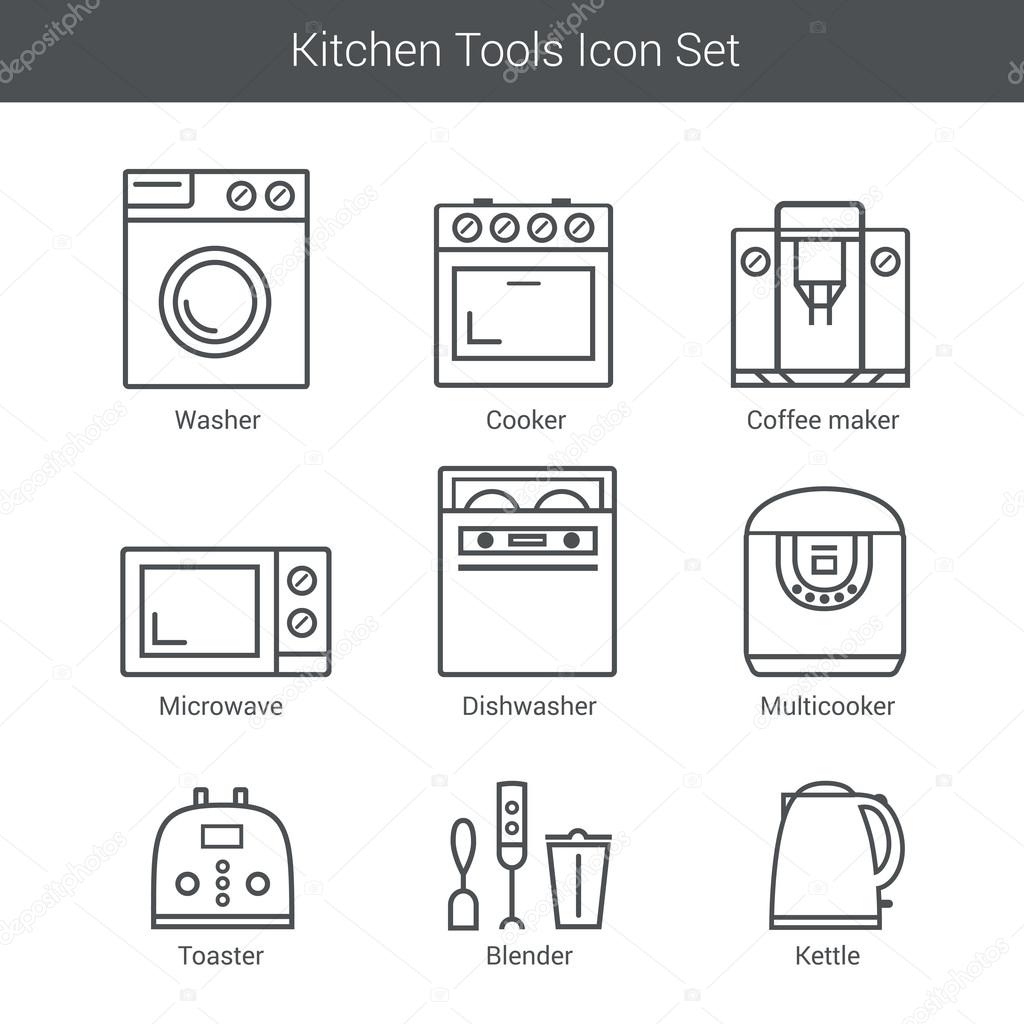 Set of household appliances vector icons: cooker, washer, blender, toaster, microwave, kettle