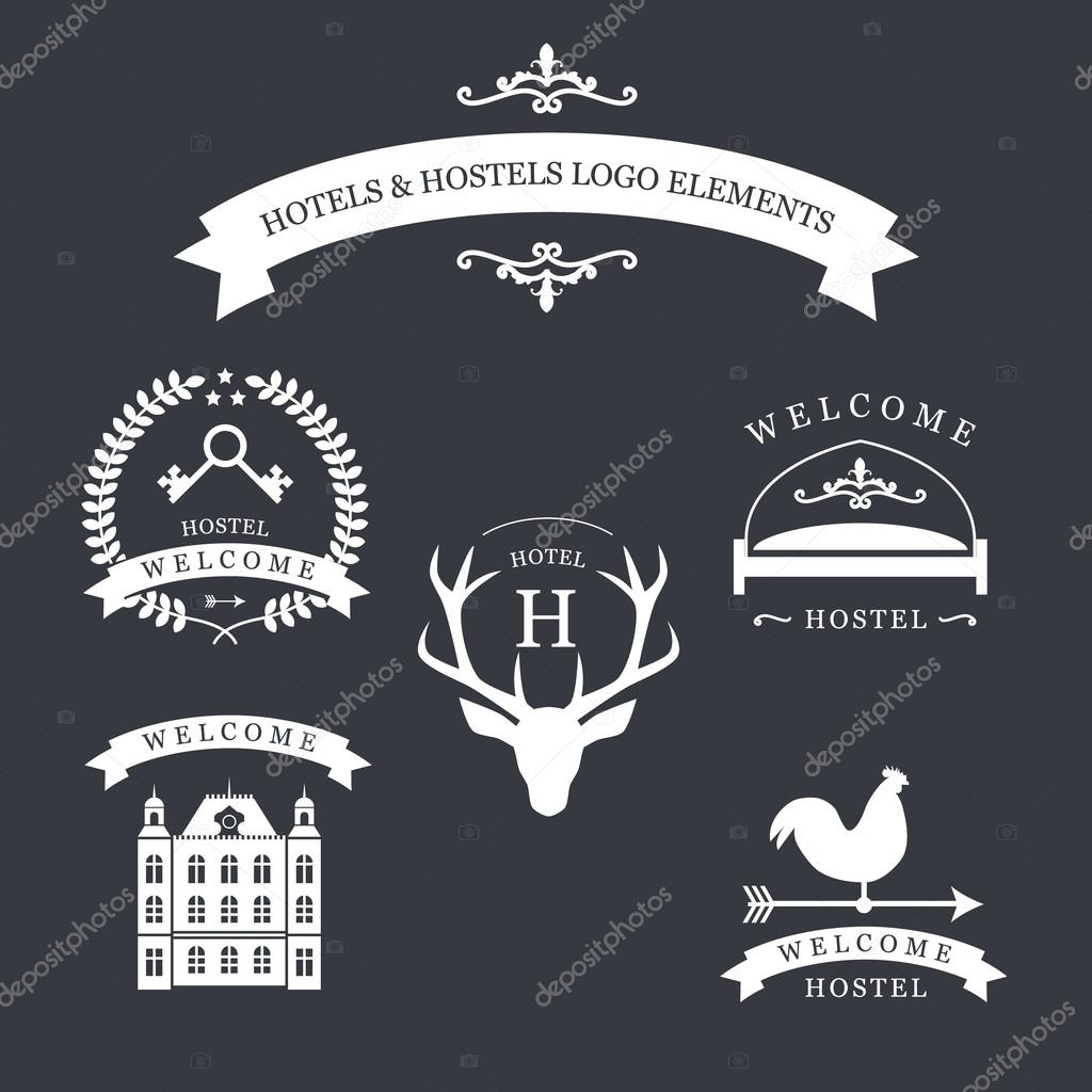 Vintage logo with deer, kyes, weather vane, bed and old building for hostel logotype