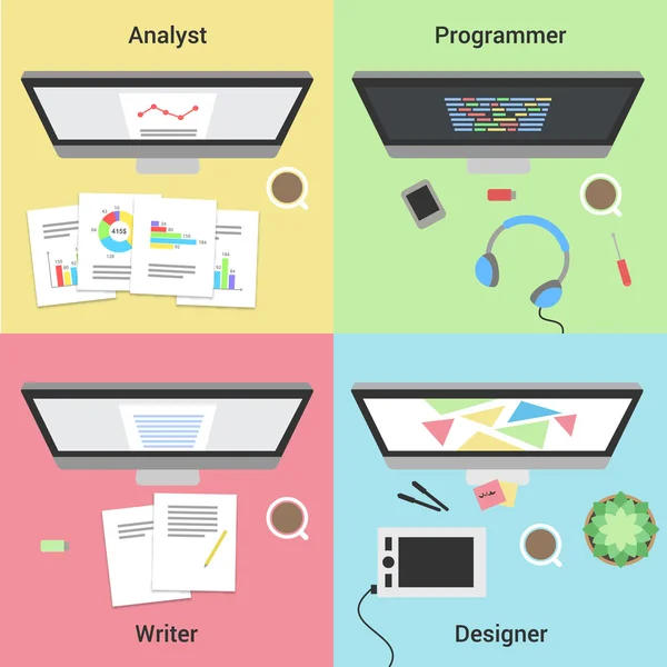 Freelance infographic. Working with laptop. Web developer, graphic designer, analyst and writer. Freelance jobs. — Wektor stockowy