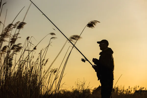 Gün batımında balıkçı silueti — Stok fotoğraf