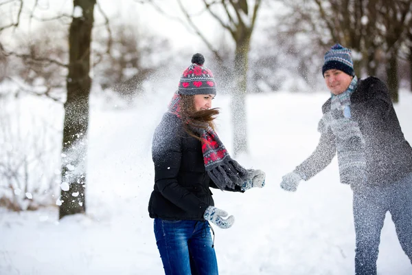 Pareja feliz en el parque de invierno — Foto de Stock