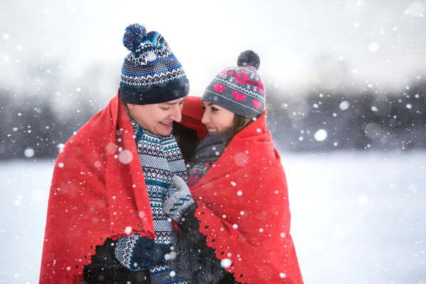 Casal feliz no parque de inverno — Fotografia de Stock