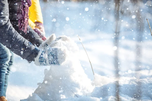 Para Dokonywanie bałwana w winter park — Zdjęcie stockowe