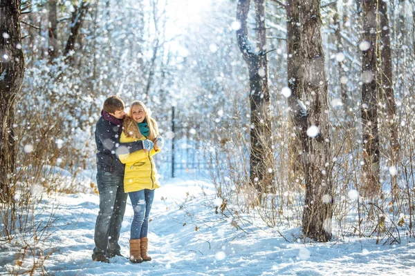 Casal feliz no parque de inverno — Fotografia de Stock