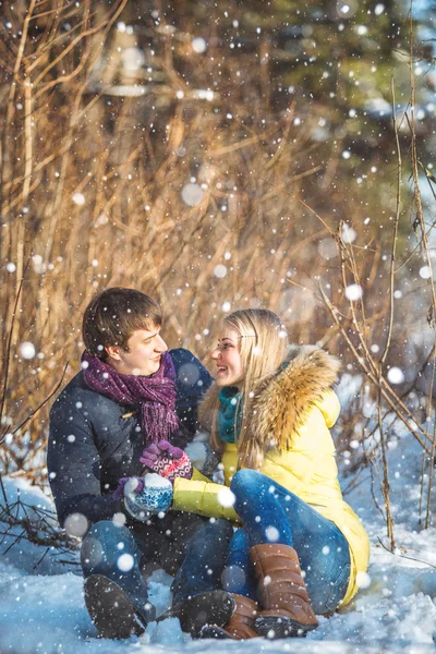 Casal feliz no parque de inverno — Fotografia de Stock