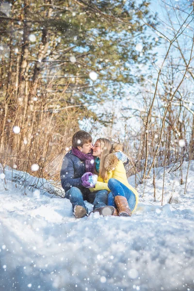 Casal amoroso no parque de inverno — Fotografia de Stock