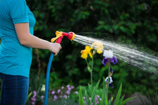 Femme arrosage jardin à l'été — Photo