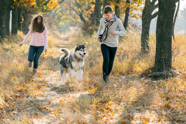 Jovem casal com cão — Fotografia de Stock