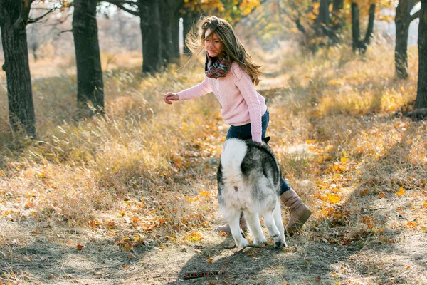 Mädchen spielt mit Hund — Stockfoto