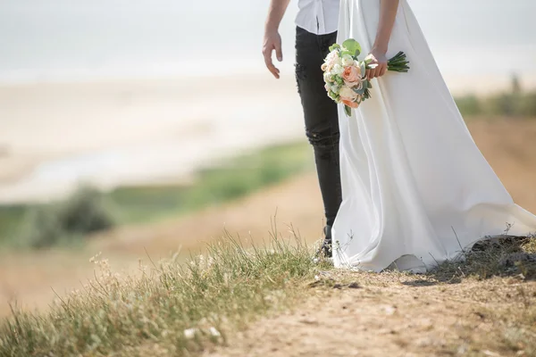 Braut und Bräutigam halten Händchen — Stockfoto