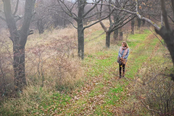 Chica sosteniendo ramo de otoño — Foto de Stock