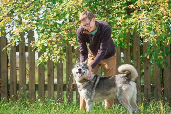 Mann geht mit Jagdhund spazieren — Stockfoto