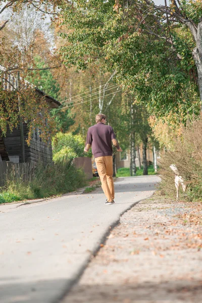Homme marchant avec un chien de chasse — Photo