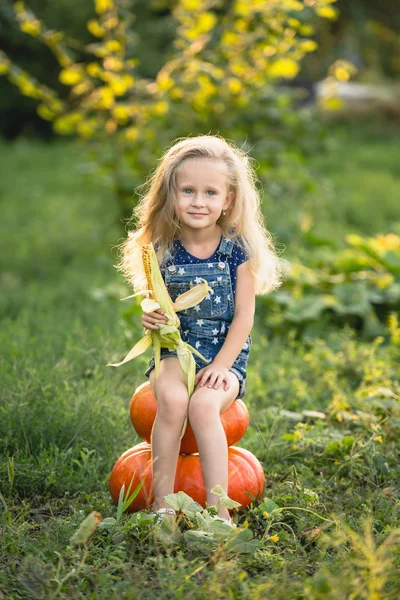 Bambina seduta sulle zucche — Foto Stock