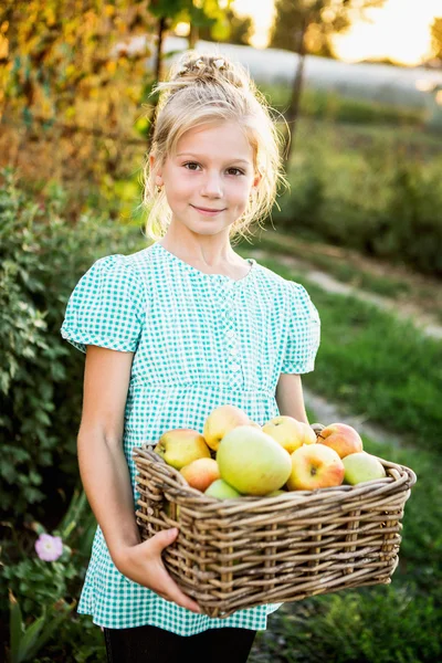 Mädchen hält Korb mit Apfeln — Stockfoto