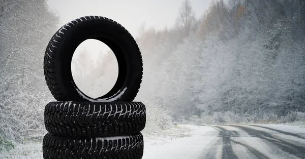 Winter Tires Snowy Road Seasonal Tire Change — Stock Photo, Image
