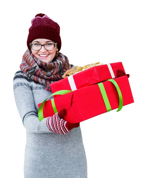 Mujer Con Regalos Cajas Rojas —  Fotos de Stock