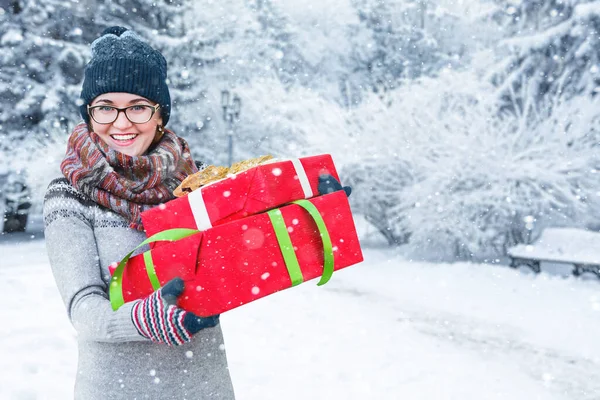 Woman Gifts Red Boxes — Stock Photo, Image
